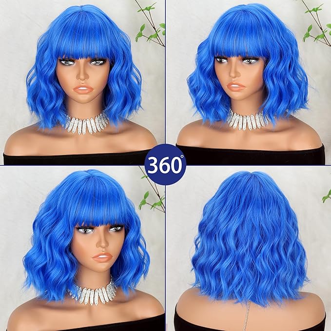 MISSQUEEN Short Dark Blue Wigs with Bangs for Women Synthetic Shoulder Length Wavy Bob Wig for Girl Colorful Costume Wigs (Blue)
