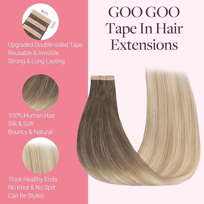 GOO GOO Tape in Hair Extensions Human Hair, 9/18J/60 Chocolate Brown to Champagne Blonde Balayage, 20inch 50g 20pcs, Skin Weft Seamless Invisible, Silky Straight with Thick Ends, Remy Human Hair