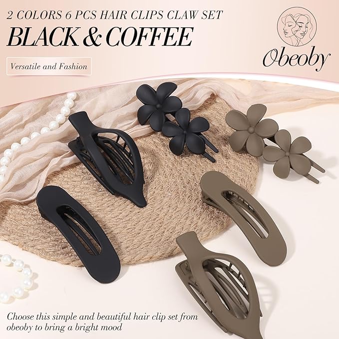 Obeoby 6 Pcs Flat Hair Clips for Women, 3 Types French Flat Claw Clips Hair Accessories Large Medium Barrettes Flowers Duckbill Stocking Stuffers Christmas Gifts (Coffee, Black)
