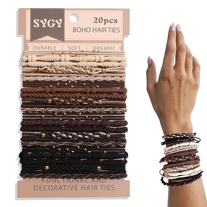 20 PCS Boho Hair Ties, Bracelets Hair Ties for Thick or Thin Hair, 5 Styles Boho Ties for Ponytail Holders, 2.36’’ Hair Ties No-Damage, Christmas Gifts, Neutral Color