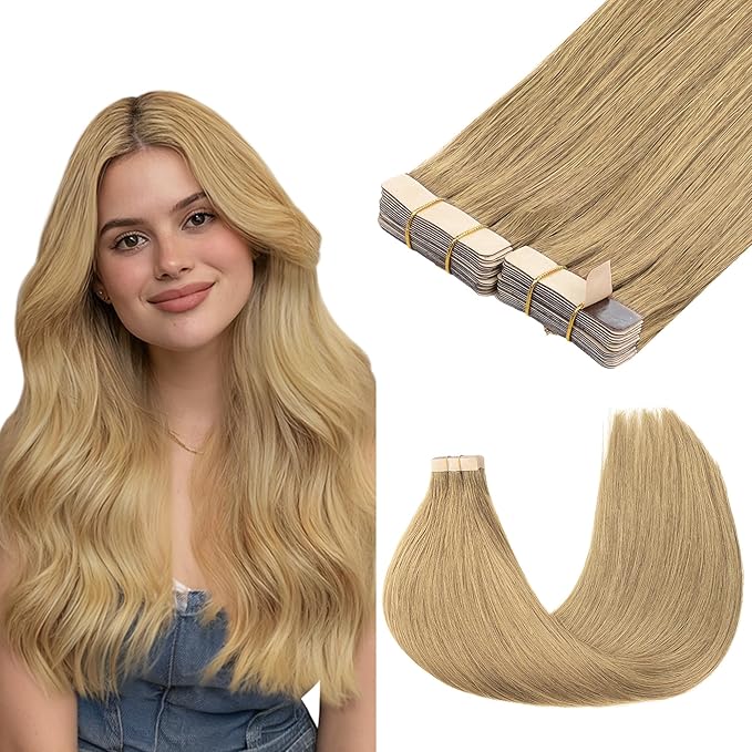 GOO GOO Tape in Hair Extensions Human Hair, 7 Bronde, 14inch 100g 40pcs, Skin Weft Seamless Invisible, Silky Straight with Thick Ends, Remy Human Hair