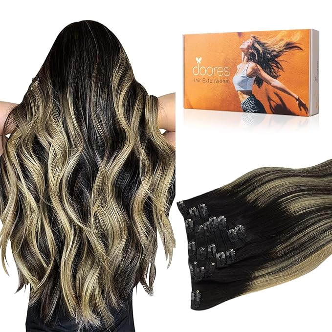 DOORES Hair Extensions Clip in Human Hair, Balayage Natural Black to Light Blonde 18 Inch 120g 7pcs Remy Clip in Human Hair Extensions Straight