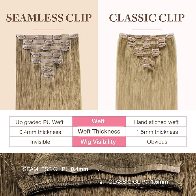 GOO GOO Clip in Hair Extensions Real Human Hair, Remy Human Hair Extensions Clip ins for Women, Natural Human Hair, 20inch 150g 7Pcs, 7 Bronde