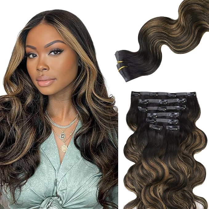 Lashey Seamless Clip in Hair Extensions Human Hair Natural Black Mixed Chestnut Brown Body Wave Clip in Hair Extensions with Invisi Edge 7pcs 110g 20 Inch