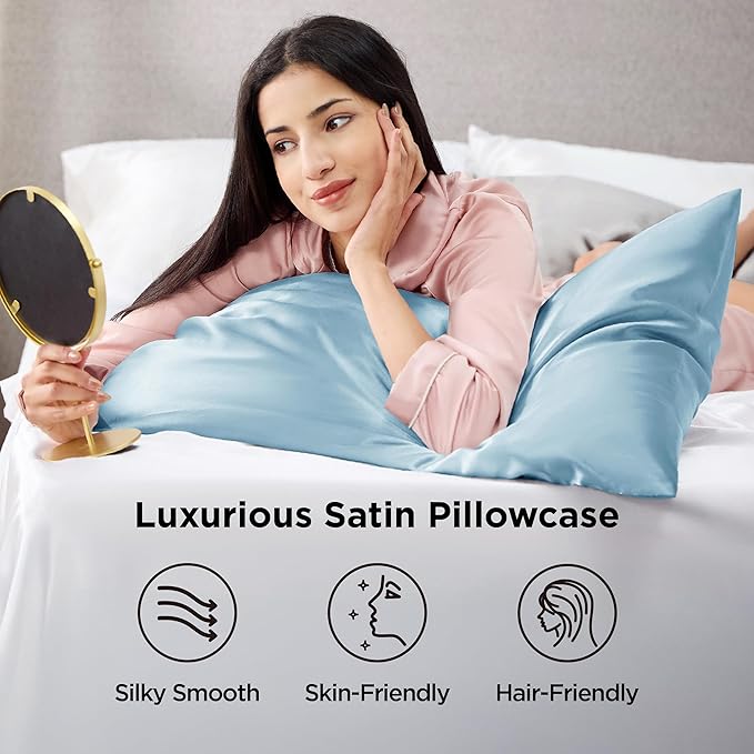 Bedsure Satin Pillowcases, Similar to Silk Pillow Cases Queen Size Set of 2, Pillow Case for Sleeping Women with Envelope Closure, Gifts for Women Men, Aqua, 20x30 Inches, 2pcs