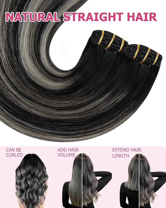 YoungSee 150G Balayage Clip in Hair Extensions Black Silver Clip in Extensions Ombre Clip in Hair Extensions Real Human Hair Natural Black Mix Silver Blonde Remy Hair 22Inch 7Pcs