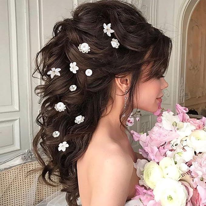 CUBACO 42 PCS Flower Wedding Hair Pins for Women Bridal Crystal Hair Jewelry Bobby Pins Rhinestone Pearl Hair Accessories Silver U Shaped Hair Pins Decorative for Brides Bridesmaids Girls