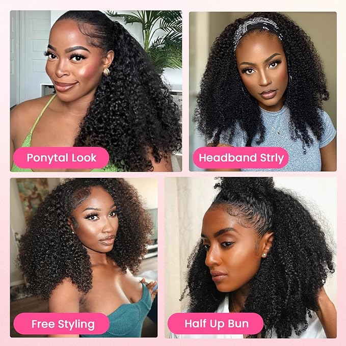 WOWANGEL Kinky Curly Half Wig Human Hair 180% Density Flexi-Fit Invisi 3 in 1 Wigs Flip Drawstring Wig Glueless Wear and Go Headband Wig 100% Human Hair for Women, Natural Black, 16 Inch