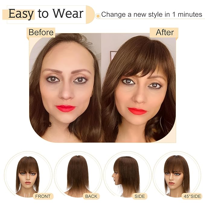 SEGO Hair Toppers for Women Real Human Hair With Bangs, 7 * 13CM Silk Base 100% Remy Human Hair Clip in Top Wiglet Hairpieces Add Volume -18 Inch Medium Brown