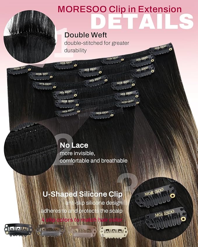 Moresoo Clip in Hair Extensions Real Human Hair Balayage Double Weft Human Hair Clip in Extensions Ombre Black to Brown with Caramel Blonde Full Head Set 7Pcs 120G 18inch