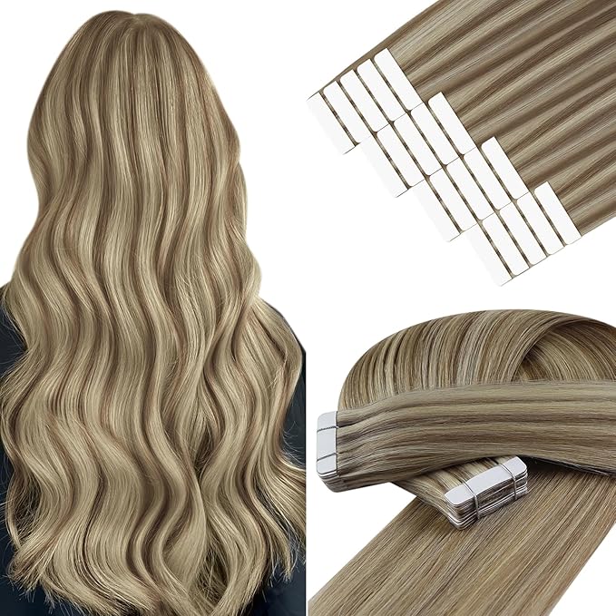 YoungSee Human Hair Tape in Extensions Highlights 20 Inch Tape Hair Extensions Real Human Hair Brown to Blonde Seamless Tape-in Natural Hair Extension Straight 20pcs 50g