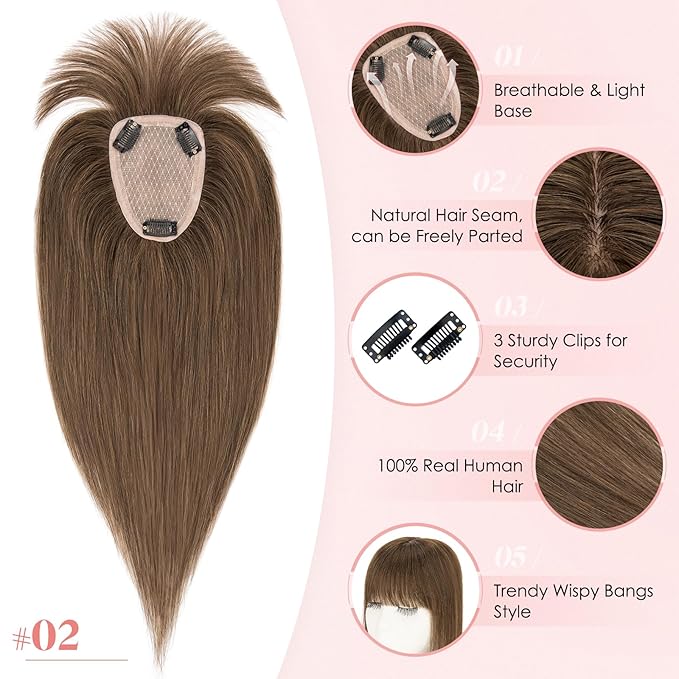 Hairro Human Hair Toppers with Wispy Bangs, 3.5x4.7" Hand-wovened Base for Women with Thinning Hair, Lightweight & Breathable Realistic Scalp, Clip-in Hairpieces for Easy Wear, 9 Inch Cocoa Brown