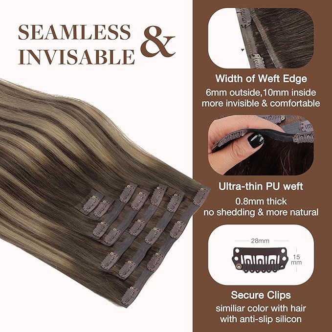 GOO GOO Clip in Hair Extensions Real Human Hair, Remy Human Hair Extensions Clip ins for Women, Natural Human Hair, 20inch 130g 7Pcs, #4/26/4 Balayage Chocolate Brown to Honey Blonde