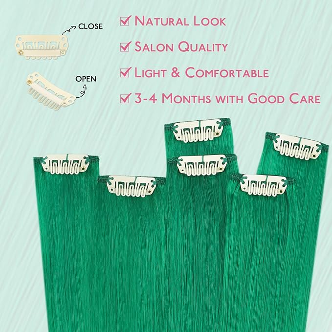 WENNALIFE Green Clip in Hair Extensions Real Human Hair 35g 6pcs 24 Inch Colored Hair Extensions for Kids Women Colorful Hair Pieces Pop-up Style Straight Extensiones De Cabello Humano Con Clip