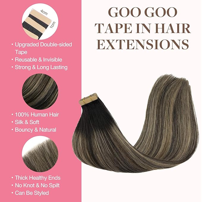 GOO GOO Tape in Hair Extensions Human Hair, 1B/19/1B Natural Black to Light Blonde, 26inch 60g 20pcs, Skin Weft Seamless Invisible, Silky Straight with Thick Ends, Remy Human Hair