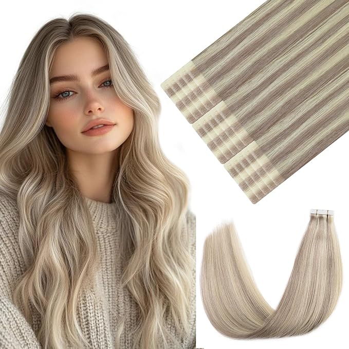 Youngsmile Injection Tape in Hair Extensions Human Hair #18P613 Ash Blonde with Bleach Blonde Real Human Hair 20pcs 40g 18 Inch Injected Tape in Hair Extensions Seamless Tape ins (#18P613,18'')