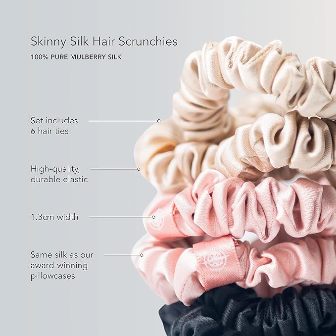 Fishers Finery 25 Momme Pure Mulberry Silk Skinny Scrunchies | Hair Tie Set for Thin Hair (Red|Green|White - 6 Pk)