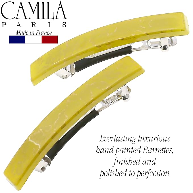 Camila Paris CP3043 French Hair Barrette Clip for Girls, Set of 2 Yellow Rubberized Metal Clasp Strong Hold Grip Hair Clips for Women, No Slip Durable Styling Girls Hair Accessories, Made in France