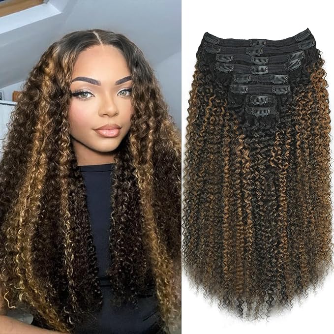 3c 4a Curly Clip in Hair Extensions T1BP1B/30 Omber Kinky Curly Clip ins For Women Brazilian Virgin Clip on Hair (24inch,T1BP1B/30)