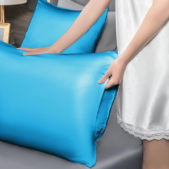 Mulberry Silk Pillowcase for Hair and Skin,King Size Cooling Silk Pillow Case with Hidden Zipper,Allergen Proof Dual Sides Soft Breathable Smooth Silk Pillow Cover for Women(King,Ice+ Blue)