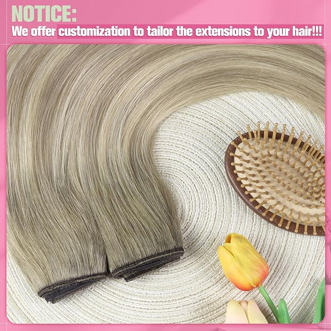 YoungSee Wire Hair Extensions Human Hair Ombre Blonde Wire Hair Extensions for Women Balayage Ash Blonde Ombre Platinum Blond Human Hair Fish Line Dyable Remy Hair 80G 14Inch
