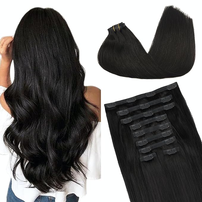 GOO GOO Clip in Hair Extensions Real Human Hair, Remy Human Hair Extensions Clip ins for Women, Natural Human Hair, 22inch 200g 9Pcs, #1B Natural Black