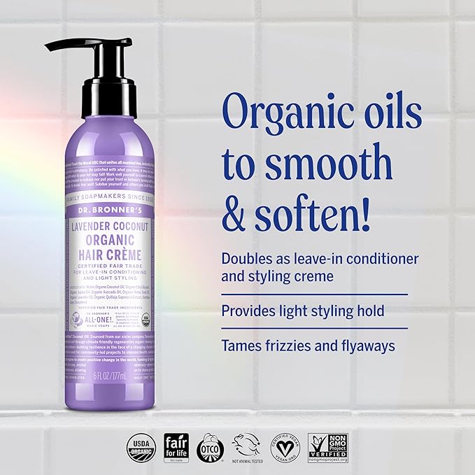 Dr. Bronner's - Organic Hair Crème - Lavender Coconut, Leave-In Conditioner & Styling Cream, Made w/Organic Oils, Hair Cream Supports Shine & Strength, Nourishes Scalp, Non-GMO (6oz, 2-Pack)