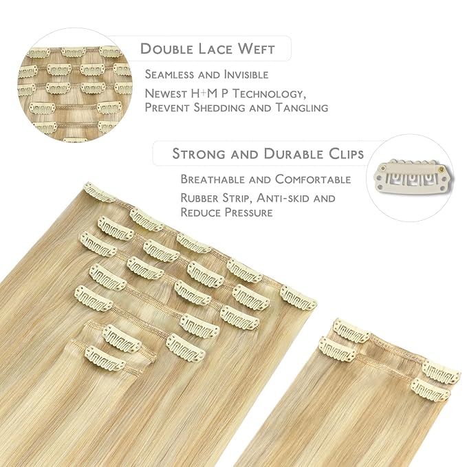 WENNALIFE Clip in Hair Extensions, 150g 18 Inch 9pcs Light Blonde Highlighted Golden Blonde Human Hair Extensions Thicker Real Human Hair Clip Set Double Weft