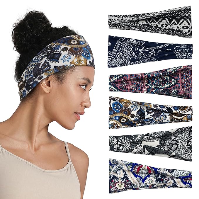 Boho Headbands for Women, 6 Pack Wide Non-Slip Stretchy Hair Bands for Yoga, Workout, Running, Fashion Hair Accessories for Women's Hair（Shape 2）