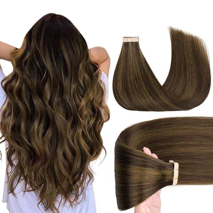 GOO GOO Tape in Hair Extensions Human Hair, 2C/4E/6C Brown Sugar Swirl Highlights, 10inch 30g 20pcs, Skin Weft Seamless Invisible, Silky Straight with Thick Ends, Remy Human Hair