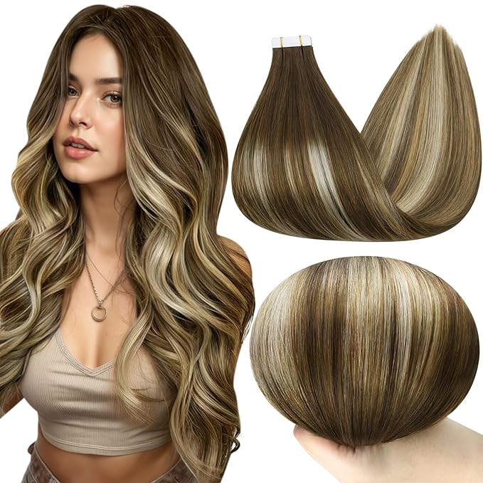 Full Shine Hair Extensions Tape in 16 Inch Balayage Invisible Tape in Extensions Color Ombre Brown and Blonde 4/27/60/8 Tape Extensions Human Hair Natural Straight 20 Pcs 50 Gram Add Volume Remy