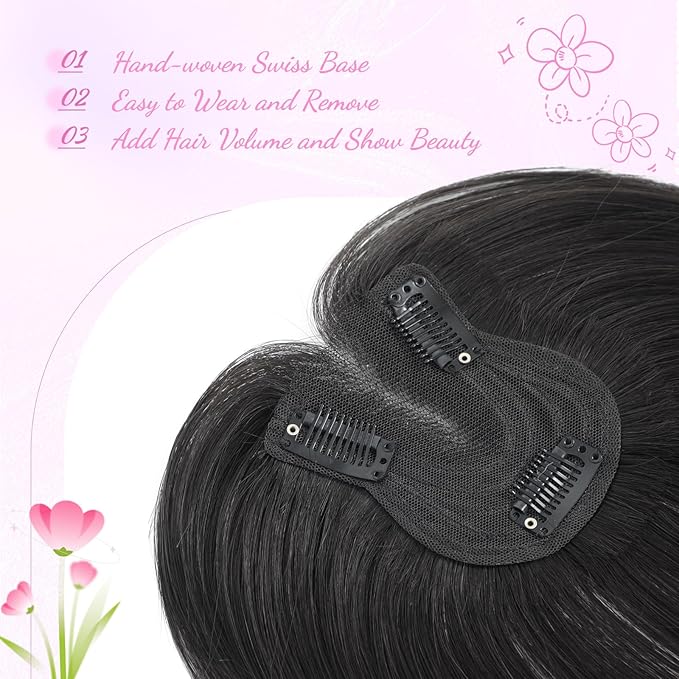 YAMI Hair Toppers for Women Fluffy Human Hair Topper 10inch Handmade Swiss Base Hairpieces 360° Cover Hairloss (Natural Black)