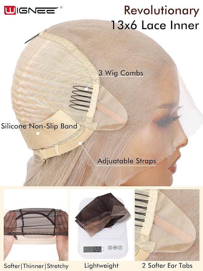 WIGNEE 13x6 Synthetic Lace Front Wig 28" Ash Blonde Wig Pre-Plucked Handmade Lace Front Wigs with Kanekalon Futura Hair Voluminous Long Straight Synthetic Wigs for Daily Party Use