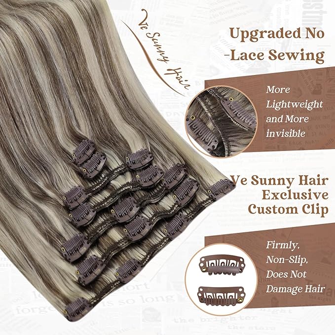 Ve Sunny Clip in Hair Extensions Highlight Brown Short Remy Hair Clip in Extensions Real Human Hair for Women Light Brown Highlights Platinum Blonde 12inch 5pcs 80g