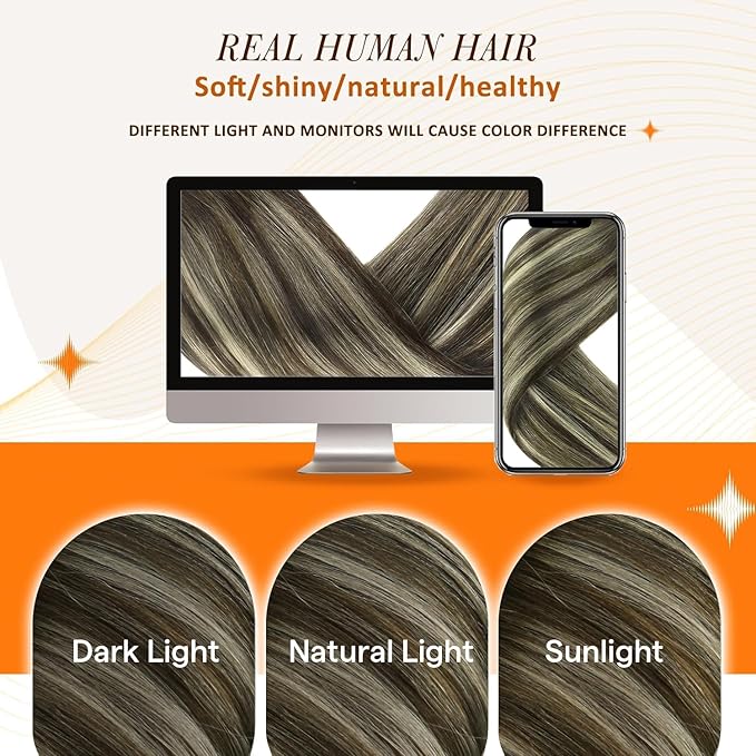 Full Shine Real Hair Extensions Clip in Human Hair Dark Brown to Platinum Blonde Seamless Clip ins Human Hair for Short Hair Washability 12 Inch 8 PCS 95 G
