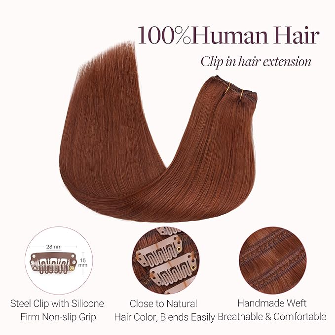 GOO GOO Clip in Hair Extensions Real Human Hair, Remy Human Hair Extensions Clip ins for Women, Natural Human Hair, 16inch 120g 7 Pcs, #33B Dark Auburn Copper