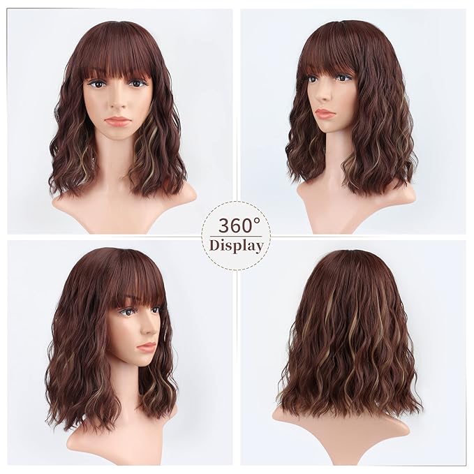 FAELBATY Short Brown Wig Highlight Gold Wigs With Bangs Women's Reddish Brown Mixed Blonde Bob Wig Curly Wavy Synthetic Cosplay Wig Shoulder Length Wig for Girl's Costume Wigs (12" 33/27)