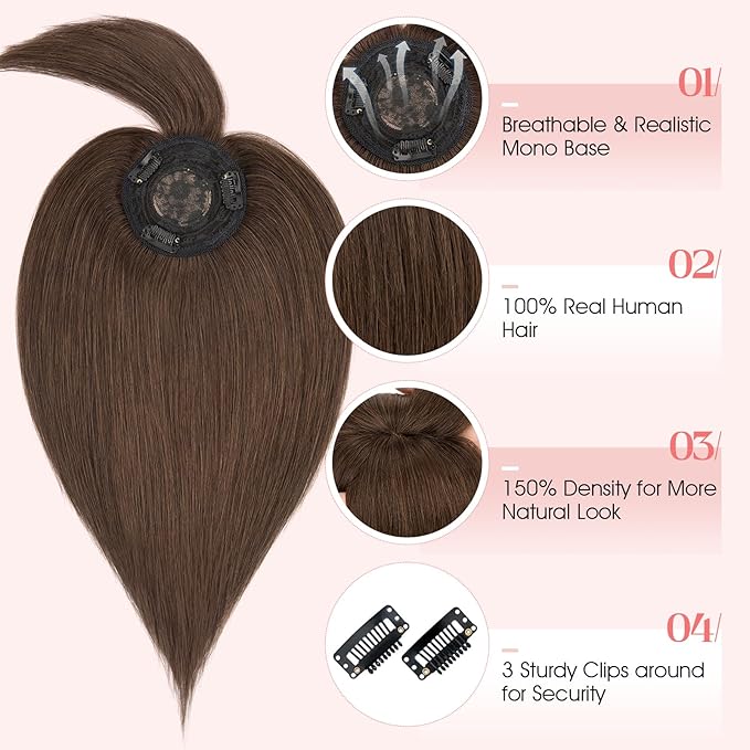 Hairro Mono Hair Toppers with Bangs, 3.4" x 3.4" Mono Base 100% Real Human Hairpieces for Women, 150% Density Clips In Topper for Greyish Thinning Hair, 14 Inch Dark Brown