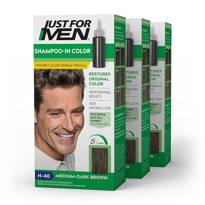 Just For Men Shampoo In Color, Hair Color for Men with Keratin and Vitamin E for Stronger Hair, Restores Natural Hair Color, Medium-Dark Brown, H-40, Pack of 3