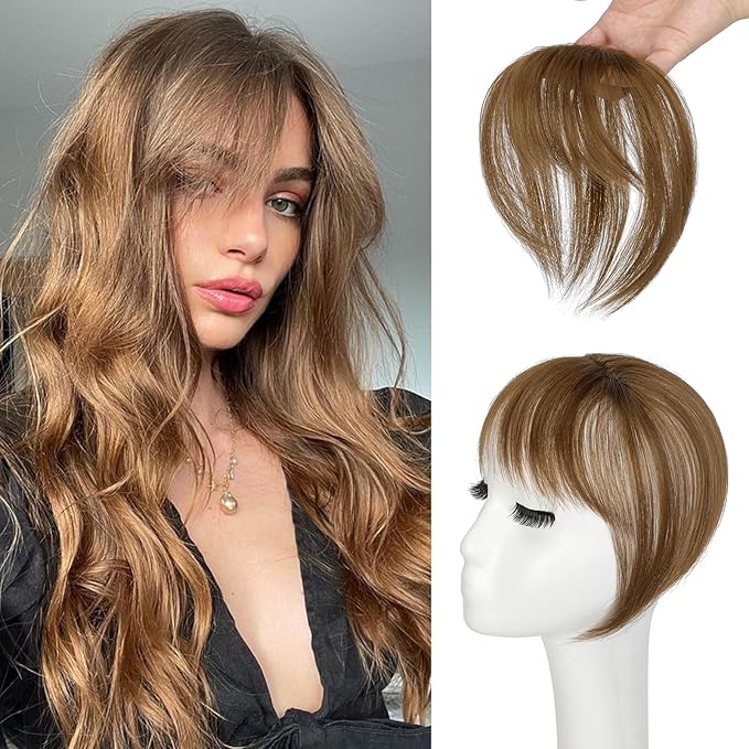 Bangs Hair Clip in Bangs 360°3D Cover Hair Topper Synthetic HairPieces for Women Light Brown Wispy Fake Bangs Toppers for Daily Wear