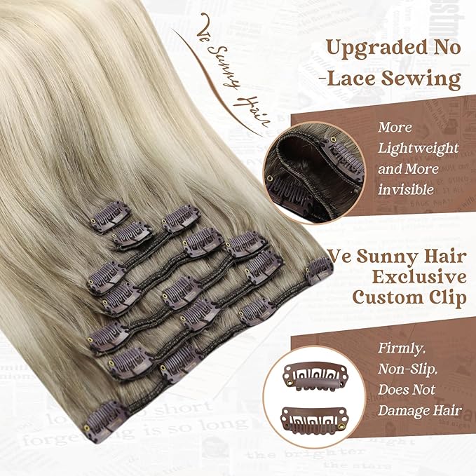 Ve Sunny Clip in Hair Extensions Straight Human Hair Clip in Extensions Remy Clip on Hair Extensions Real Human Hair Extensions Clip ins Ombre Ash Grey Balayage Platinum Blonde 20inch 120g
