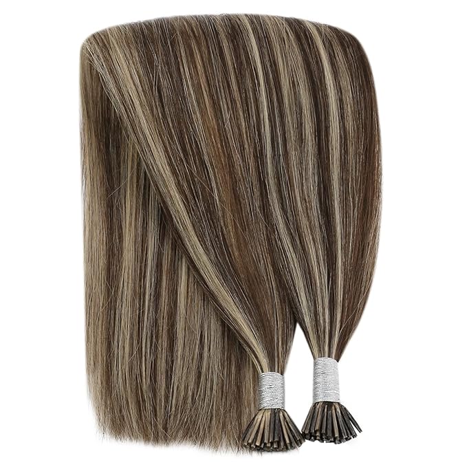 YoungSee I Tip Hair Extensions Human Hair Brown Highlight Itips Hair Extensions Human Hair Dark Brown with Blonde Highlight Tip Hair Extension Soft 20 Inch 50s 50g