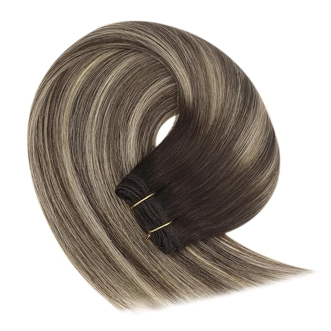 YoungSee Sew in Human Hair Extensions Balayage Hand Tied Weft Hair Extensions Human Hair Sew in Extensions Chocolate Brown with Ash Blonde Balayage Straight Hair Bundle 18Inch 100G