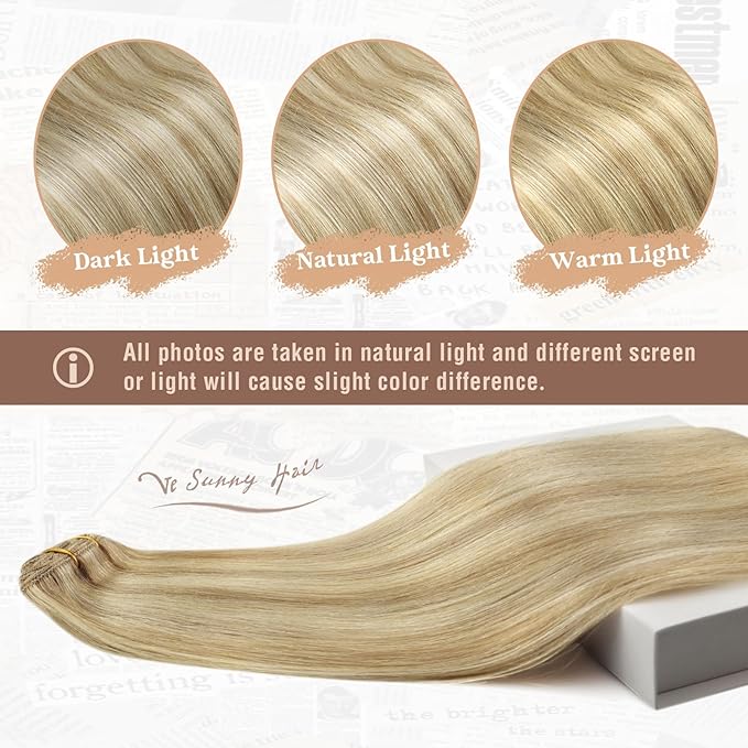 Ve Sunny Clip in Hair Extensions Double Weft Remy Hair Extensions Natural Human Hair Clip in Extensions Dark Blonde Highlights Golden Blonde 7pcs 120g 16 inch