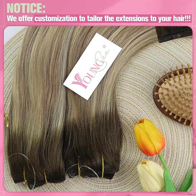 YoungSee 120G Invisible Wire Hair Extensions Ombre Wire Human Hair Extensions Walnut Brown Balayage Light Brown with Blonde Human Hair Fish Line Extension Easy to Wear 18inch