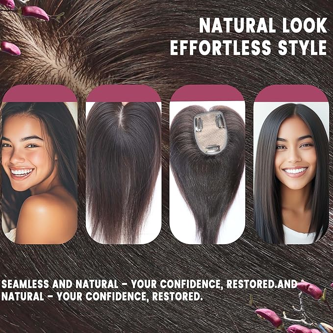 Real Human Hair Topper for Thinning Hair Women Clip in Straight Hairpiece Silk Base Natural Black 10 in