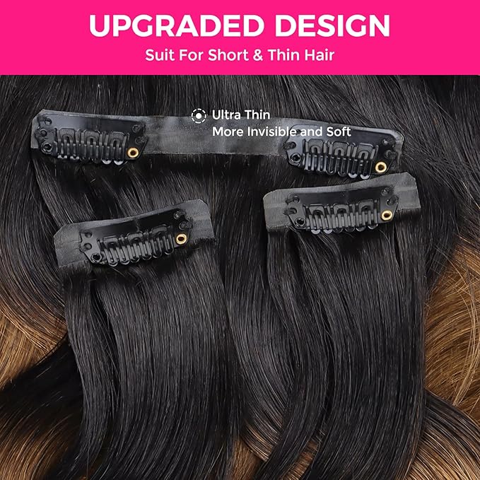 Lashey Seamless Clip in Hair Extensions Human Hair Ombre Natural Black to Medium Auburn 110g 7pcs 22 Inch Clip in Hair Extensions for Women Body Wave Remy Human Hair Extensions