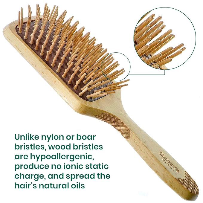 Giorgio Eco Friendly Wooden Bristle Hairbrush - Bundle Detangling Brush and Hair Growth Brush for Thick or Long Hair - Paddle Hair Brush Made with Anti Static Beechwood, Silicone Massage Cushion