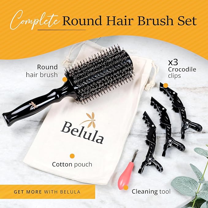 Boar Bristle Round Brush for Blow Out Set by Belula. Round Hair Brush For Blow Drying. Small 2” Wooden Barrel. Hairbrush Ideal to Add Volume and Body. Free 3 x Hair Clips & Travel Bag
