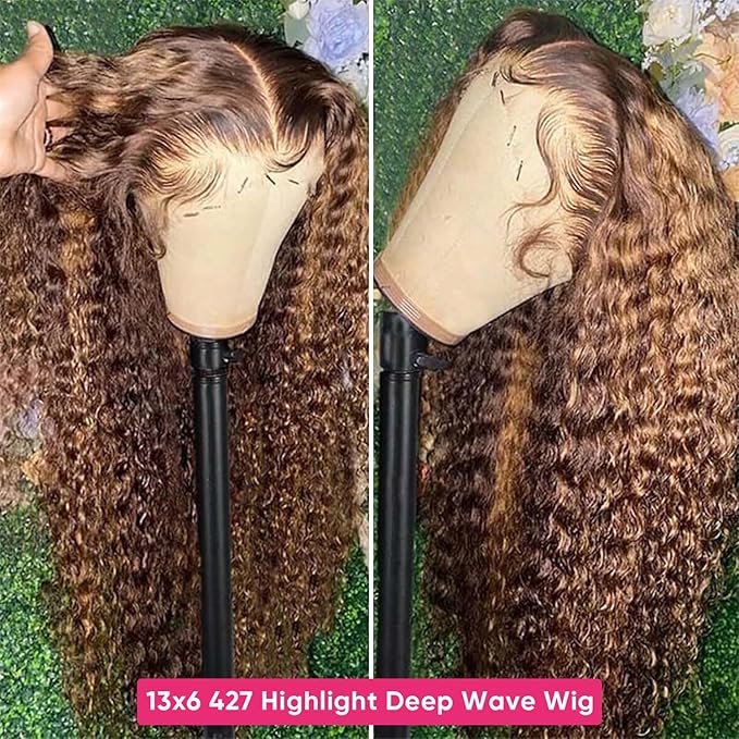 22 Inch Highlight Ombre Lace Front Wig Human Hair Deep Wave Honey Blonde 13x6 HD Lace Frontal Wigs Wet and Wavy 4/27 Colored Glueless Curly Wigs Human Hair for Women